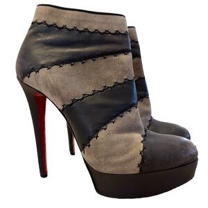 Christian Louboutin Black and Taupe Suede & Leather Stitched Ankle Booties 37.5